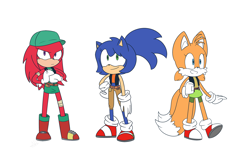 Size: 3000x2000 | Tagged: safe, artist:drawwhatyoulike, knuckles the echidna, miles "tails" prower, sonic the hedgehog, 2018, alternate outfit, bandage, belt, cap, clothes, cracking knuckle, crop jacket, crop top, eyelashes, flat colors, gender swap, hair up, hat, jacket, pants, pigtails, ponytail, shirt, shorts, simple background, skirt, smile, standing, team sonic, trio, white background