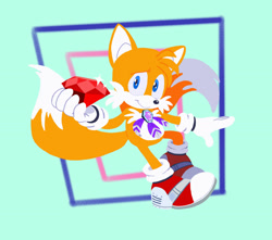 Size: 1280x1130 | Tagged: safe, artist:xpastelandpaint, miles "tails" prower, sonic adventure, 2022, abstract background, chaos emerald, holding something, jet anklet, lineless, rhythm badge, smile, smiling at viewer, solo