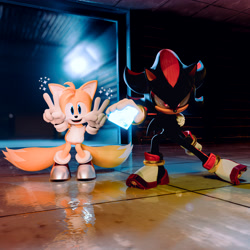 Size: 4096x4096 | Tagged: safe, artist:dokatzo, artist:ericelreposteador, artist:leymi-lopez, miles "tails" prower, shadow the hedgehog, 2024, 3d, abstract background, chaos emerald, double v sign, duo, glowing eyes, holding something, looking at viewer, redraw, shadow the hedgehog (video game), smile, sparkles, v sign, victory pose