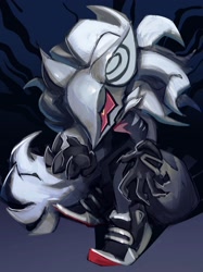 Size: 1533x2048 | Tagged: safe, artist:purnya, infinite the jackal, 2025, abstract background, bending over, infinite's mask, looking offscreen, phantom ruby, solo