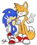 Size: 900x1104 | Tagged: safe, artist:molochtdl, miles "tails" prower, sonic the hedgehog, 2020, aged up, double v sign, duo, eyes closed, flat colors, frown, happy, lidded eyes, older, signature, simple background, smile, sonic is not amused, standing, thumbs up, transparent background, unamused, v sign