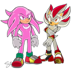 Size: 1221x1127 | Tagged: safe, artist:molochtdl, knuckles the echidna, shadow the hedgehog, super shadow, 2020, duo, fixing glove, frown, hyper form, hyper knuckles, looking at viewer, signature, simple background, standing, super form, transparent background