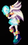Size: 431x705 | Tagged: safe, artist:draw_ju, silver the hedgehog, 2020, alternate version, black background, lineless, looking offscreen, psychokinesis, side view, simple background, smile, solo