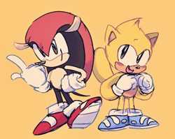 Size: 808x642 | Tagged: safe, artist:entertheflorpus, mighty the armadillo, ray the flying squirrel, 2019, blue shoes, blushing, cute, duo, hand on hip, looking at viewer, looking offscreen, pointing, rayabetes, simple background, smile, standing, yellow background