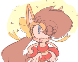 Size: 1115x897 | Tagged: safe, artist:entertheflorpus, tiara boobowski, 2019, abstract background, blushing, cute, eye clipping through hair, flat colors, hair over one eye, hands on hips, sketch, smile, solo, sparkles, standing, tiarabetes