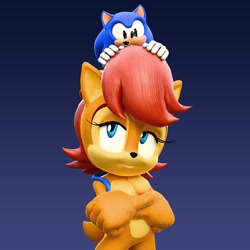 Size: 1200x1200 | Tagged: safe, artist:hunicrio, sally acorn, sonic the hedgehog, 3d, classic sonic, gradient background, on head