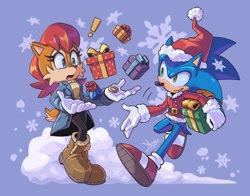 Size: 2760x2163 | Tagged: safe, artist:angiethecat, sally acorn, sonic the hedgehog, christmas, exclamation mark, present, snow, snowflake, winter outfit