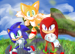 Size: 1752x1267 | Tagged: safe, artist:pika-poyo, knuckles the echidna, miles "tails" prower, sonic the hedgehog, sonic heroes, 2018, clouds, daytime, flying, grass, looking at viewer, mid-air, ocean palace, outdoors, posing, redraw, smile, spinning tails, standing, team sonic, trio, victory pose
