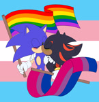 Size: 1280x1327 | Tagged: safe, artist:raadwolvesart, artist:sparksketching, shadow the hedgehog, sonic the hedgehog, 2019, arm around shoulders, bisexual, bisexual pride, duo, eyes closed, flag, flat colors, gay, gay pride, green blush, holding something, kiss, pride, pride flag, pride flag background, shadow x sonic, shipping, t4t, trans boy shadow, trans boy sonic, trans male, trans pride, transgender