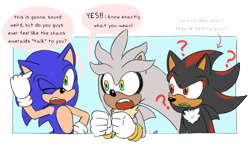 Size: 2048x1183 | Tagged: safe, artist:raadwolvesart, artist:sparksketching, shadow the hedgehog, silver the hedgehog, sonic the hedgehog, 2025, clenched fists, confused, dialogue, english text, fangs, flat colors, green tongue, hand on head, hand on hip, looking at them, mouth open, one eye closed, question mark, semi-transparent background, speech bubble, talking, text, trio
