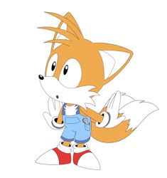 Size: 1280x1363 | Tagged: safe, artist:raadwolvesart, artist:sparksketching, miles "tails" prower, 2019, :o, alternate outfit, chibi, classic tails, clothes, cute, flat colors, looking offscreen, mouth open, overalls, simple background, solo, standing, tailabetes, white background