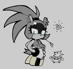 Size: 1378x1300 | Tagged: safe, artist:irregularcloudi, sonic the hedgehog, surge the tenrec, 2025, duo, flat colors, grey background, greyscale, hands on hips, monochrome, mouth open, simple background, solo focus, spot color, swimming tube, tank top, wheat