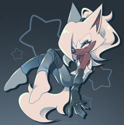 Size: 1690x1702 | Tagged: safe, artist:kosmo2k1, whisper the wolf, 2025, blushing, eyes closed, frown, gradient background, hair over one eye, one fang, shoes off, solo, star (symbol)