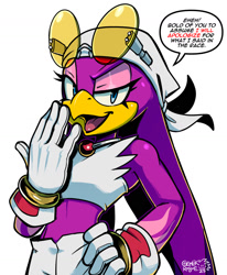 Size: 1300x1579 | Tagged: safe, artist:gemlik_rogue, wave the swallow, 2025, covering mouth, dialogue, english text, eyelashes, hand on hip, lidded eyes, mouth open, signature, simple background, solo, sonic racing crossworlds, speech bubble, standing, talking, talking to viewer, text, white background