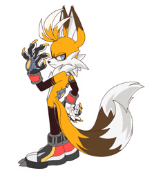 Size: 924x1038 | Tagged: safe, artist:chamomilemeadow, miles "tails" prower, sonic prime, 2025, aged up, alternate outfit, alternate universe, au:role swap (chamomilemeadow), claws, cyborg, ear fluff, fingerless gloves, frown, fur markings, gloves, lidded eyes, older, role swap, shoes, solo, standing