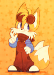 Size: 1491x2048 | Tagged: safe, artist:r0yalstar, miles "tails" prower, fox, 2025, abstract background, alternate outfit, bandana, brown shoes, clothes, cute, fully clothed, goggles, goggles on head, male, overalls, pointing, solo, standing, star (symbol), sweater, tailabetes