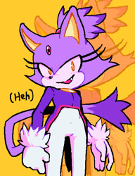 Size: 932x1216 | Tagged: safe, artist:morkitten, artist:morkittenart, blaze the cat, 2025, blushing, dialogue, echo background, heh, looking at viewer, mouth open, one fang, open smile, smile, smiling at viewer, solo, sonic rush, standing, talking, text