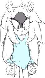 Size: 1439x2480 | Tagged: safe, artist:bobbutterbutt, surge the tenrec, 2025, frown, line art, monochrome, pijamas, shirt, simple background, sketch, solo, spot color, standing, white background