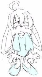 Size: 1397x2545 | Tagged: safe, artist:bobbutterbutt, kit the fennec, 2025, frown, lidded eyes, line art, looking at viewer, monochrome, pajamas, shirt, simple background, sketch, solo, spot color, white background