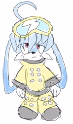 Size: 1437x2434 | Tagged: safe, artist:bobbutterbutt, kit the fennec, 2025, boots, clothes, coat, cute, flat colors, frown, goggles, goggles on head, kitabetes, lidded eyes, looking at viewer, riders outfit, simple background, sketch, solo, standing, white background