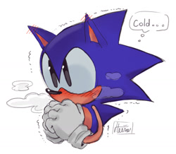 Size: 1444x1262 | Tagged: safe, artist:heisa030, sonic the hedgehog, 2025, christmas, classic sonic, clenched fists, cold, dialogue, english text, hands together, looking offscreen, no mouth, shivering, signature, simple background, solo, text, white background, winter