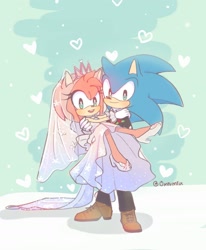 Size: 1200x1454 | Tagged: safe, artist:umiumilk, amy rose, sonic the hedgehog, amy x sonic, dress, duo, heart, shipping, straight, suit