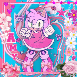 Size: 500x500 | Tagged: safe, artist:aleespace-art, amy rose, 2025, abstract background, animated, bow, character name, flat colors, flower, food, gif, heart, lollipop, looking at viewer, mouth open, smile, solo, standing, star (symbol), text