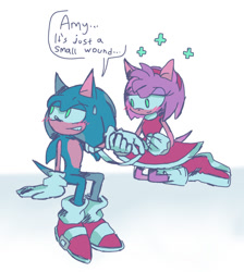 Size: 857x958 | Tagged: safe, artist:aleespace-art, amy rose, sonic the hedgehog, 2025, aid symbol, amy x sonic, bandage, blushing, dialogue, duo, english text, flat colors, holding something, injured, lidded eyes, looking at them, looking away, shipping, simple background, sitting, smile, straight, sweatdrop, talking, text, white background