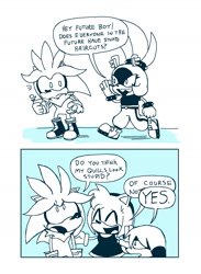 Size: 1232x1679 | Tagged: safe, artist:woosh-floosh, amy rose, kit the fennec, silver the hedgehog, 2024, dialogue, english text, frown, group, monochrome, mouth open, simple background, smile, speech bubble, standing, sweatdrop, talking, text, this will end in tears, walking, white background
