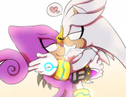 Size: 2048x1591 | Tagged: safe, artist:anthosartsonic, espio the chameleon, silver the hedgehog, 2025, carrying them, duo, gay, gradient background, heart, lidded eyes, lifting them, shipping, silvio, smile, smiling at each other, standing