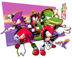 Size: 3558x2863 | Tagged: safe, artist:crazypstg, charmy bee, espio the chameleon, knuckles the echidna, mighty the armadillo, vector the crocodile, knuckles chaotix, 2023, abstract background, frown, group, kunai knife, signature, smile, team chaotix