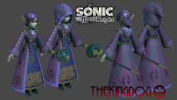 Size: 4800x2700 | Tagged: safe, artist:thekingdog, merlina the wizard, human, sonic and the black knight, 2024, 3d, grey background, hood, logo, signature, simple background, solo, sword