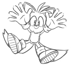 Size: 636x581 | Tagged: safe, artist:unleash_arts, miles "tails" prower, 2022, cute, hands up, line art, looking at viewer, mid-air, monochrome, simple background, smile, smiling at viewer, solo, white background