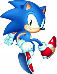 Size: 1587x2048 | Tagged: safe, artist:danny8bit, artist:tyler mcgrath, sonic the hedgehog, 2022, classic sonic, classic style, green eyes, lineless, looking at viewer, simple background, smile, smiling at viewer, solo, white background