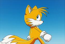 Size: 2372x1620 | Tagged: safe, artist:stephen-fisher, miles "tails" prower, sonic x, 2021, angry, clenched fists, daytime, frown, gradient background, looking back, outdoors, redraw, solo, sonic x style, standing