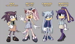 Size: 1800x1062 | Tagged: safe, artist:eggtempest, cat, dog, hedgehog, rabbit, akiyama mizuki, dress, ena shinonome, female, kanade yoisaki, mafuyu asahina, mobianified, project sekai