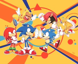 Size: 1500x1228 | Tagged: safe, artist:michiyoshi, artist:rinri1310, knuckles the echidna, mighty the armadillo, miles "tails" prower, ray the flying squirrel, sonic the hedgehog, sonic mania, 2021, 30th anniversary, abstract background, anniversary, classic knuckles, classic mighty, classic ray, classic sonic, classic tails, flying, group, high five, modern sonic, outline, self paradox, smile, sonic mania plus