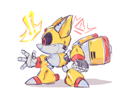 Size: 1280x955 | Tagged: safe, artist:mixiecic20, 2025, black sclera, caution sign, exclamation mark, looking offscreen, metal tails, question mark, red eyes, redesign, robot, side view, simple background, solo, white background