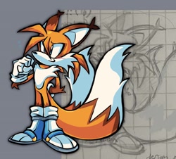 Size: 1692x1528 | Tagged: safe, artist:jojoleafy1234, miles "tails" prower, 2025, aged up, arm fluff, blue shoes, boots, ear fluff, fur markings, hands behind back, looking offscreen, older, smile, solo, teenager