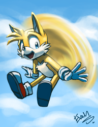 Size: 2550x3300 | Tagged: safe, artist:evan stanley, miles "tails" prower, 2012, abstract background, clouds, daytime, flying, mid-air, mouth open, open smile, outdoors, signature, smile, smiling at viewer, solo, spinning tails