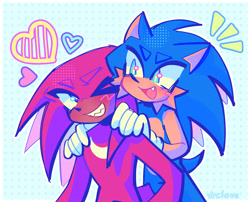 Size: 2048x1654 | Tagged: safe, artist:tailsnumber1fan, knuckles the echidna, sonic the hedgehog, 2024, blushing, cheek fluff, cute, duo, eyestrain, gay, hands on shoulders, heart, knuxonic, one fang, shipping, smile, valentine's day