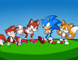 Size: 2048x1582 | Tagged: safe, artist:brittanybest, miles "tails" prower, sonic the hedgehog, 2025, abstract background, arms folded, classic sonic, classic tails, daytime, fox bully, frown, grass, group, looking at each other, looking at them, mouth open, outdoors, sitting, smile, standing, swirly eyes, tapping foot