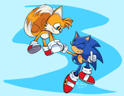 Size: 2048x1582 | Tagged: safe, artist:brittanybest, miles "tails" prower, sonic the hedgehog, 2025, abstract background, carrying them, duo, eyes closed, flying, holding hands, looking at them, mid-air, smile, spinning tails, thumbs up