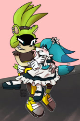 Size: 2040x3072 | Tagged: safe, artist:aandydandy, kit the fennec, surge the tenrec, 2025, age difference, blushing, crossdressing, duo, femboy, holding them, kitsurge, looking at each other, maid outfit, shipping, signature, sitting, smile, smiling at each other, straight