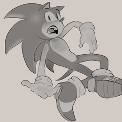 Size: 1500x1500 | Tagged: safe, artist:chunkycrocs, artist:t0yhaunt, sonic the hedgehog, 2025, grey background, greyscale, looking at viewer, mid-air, monochrome, mouth hold, simple background, solo
