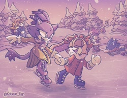 Size: 3850x2975 | Tagged: safe, artist:katieee_llyn, amy rose, blaze the cat, cream the rabbit, gemerl, sonic the hedgehog, vanilla the rabbit, chao, abstract background, group, ice skates, outdoors, scarf, snow, snowing, snowman, tree, winter, winter outfit