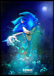 Size: 2184x3089 | Tagged: safe, artist:heephisanimations, sonic the hedgehog, sonic frontiers, 2022, abstract background, border, flower, frown, glitch, grass, looking ahead, moon, nighttime, outdoors, solo, standing, star (sky)
