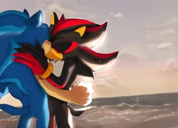 Size: 2048x1471 | Tagged: safe, artist:chunkycrocs, artist:t0yhaunt, shadow the hedgehog, sonic the hedgehog, 2024, abstract background, daytime, duo, eyes closed, gay, gloves off, holding each other, kiss, outdoors, shadow x sonic, shipping, standing, water