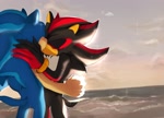 Size: 2048x1471 | Tagged: safe, artist:chunkycrocs, artist:t0yhaunt, shadow the hedgehog, sonic the hedgehog, 2024, abstract background, daytime, duo, eyes closed, gay, gloves off, holding each other, kiss, outdoors, shadow x sonic, shipping, standing, water