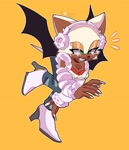 Size: 1758x2048 | Tagged: safe, artist:chunkycrocs, artist:t0yhaunt, rouge the bat, 2023, cleavage, clothes, cosplay, dark skin, headphones, heels, ice spice, lidded eyes, nails, outline, painted fingernails, signature, simple background, smile, solo, yellow background
